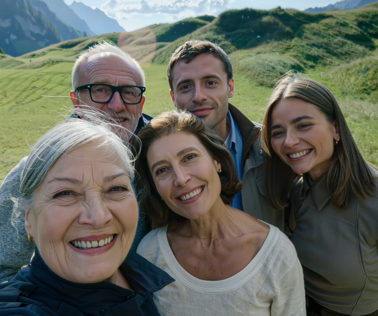 Selfie einer Familie mit mehreren Generationen in den Alpen